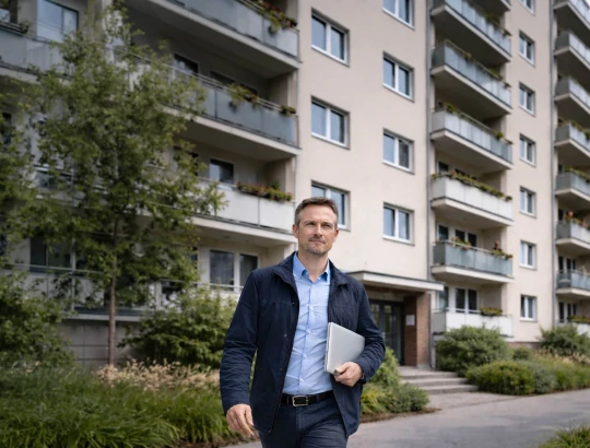 Mann mit Notepad vor Mehrfamilienhaus