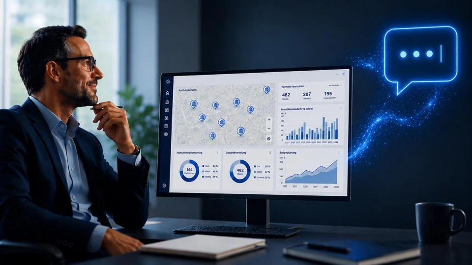 Mann vor Monitor mit Bestandsdatenübersicht und einem KI-Symbol im Hintergrund Mann vor Monitor mit Bestandsdatenübersicht und einem KI-Symbol im Hintergrund