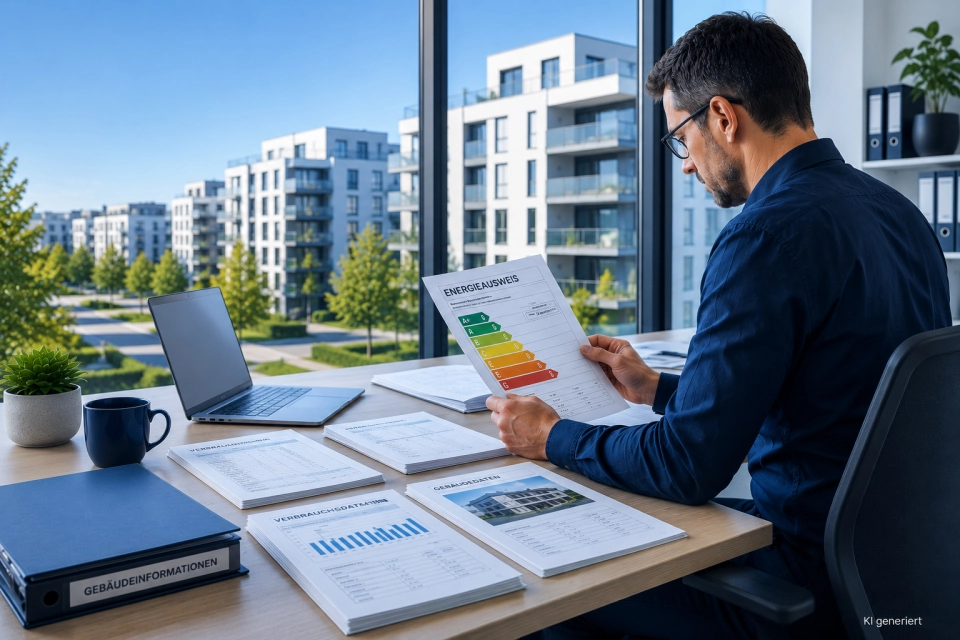 Mann im Büro am Schreibtisch mit Unterlagen zum Energieausweis