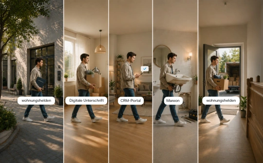 KI-generiertes Bild einer Person, die verschiedene Prozessschritte der Wohnungsvermietung durchläuft